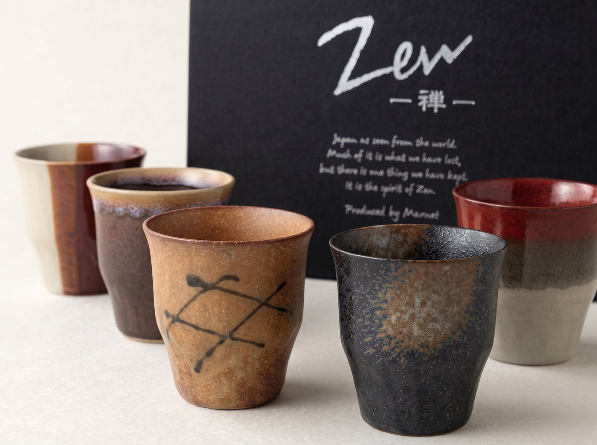 Ensemble 5 tasses céramique Mino Ware Zen — boîte cadeau japonaise JP.MODE